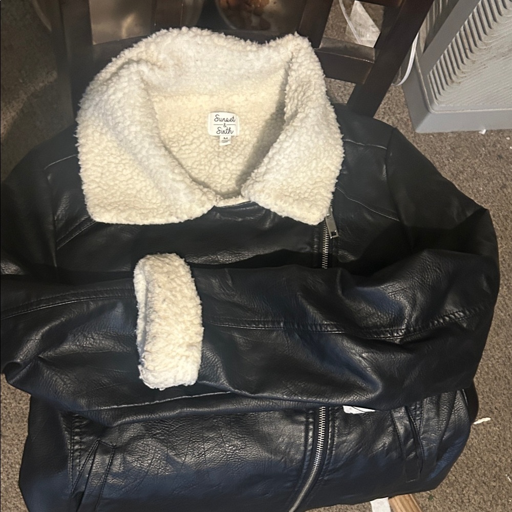 Black Faux Leather Sherpa Lined Moto Jacket